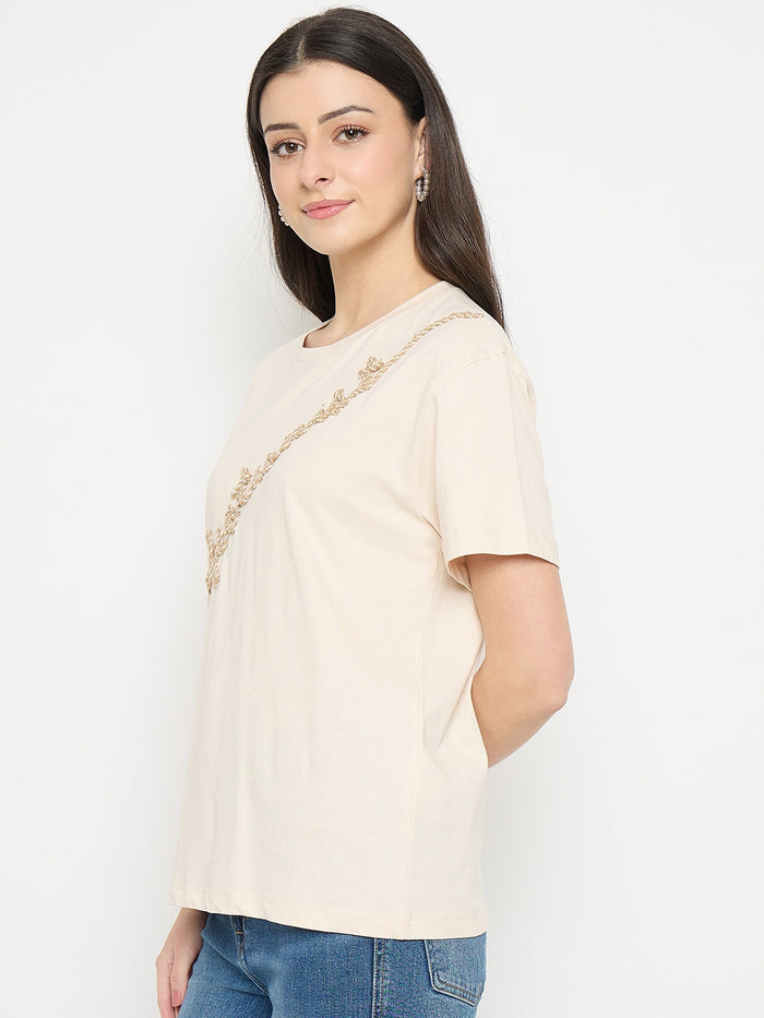 Madame Beige Cotton Printed T-Shirt