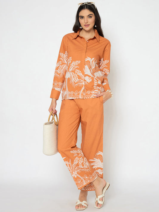 Madame Botanical Print Shirt and Bottoms Warm Amber Co-ord Set