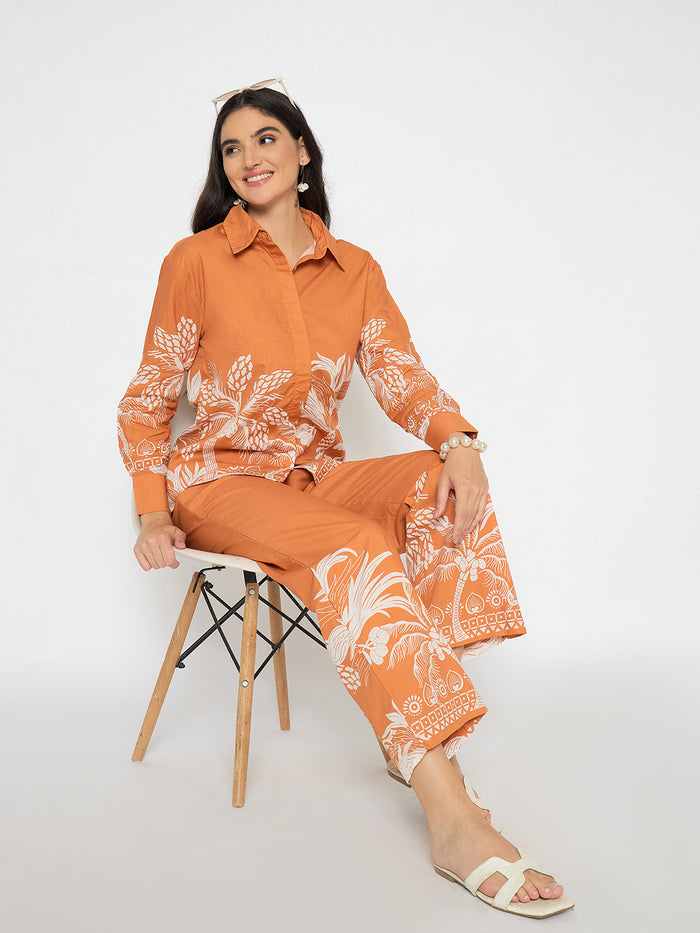 Madame Botanical Print Shirt and Bottoms Warm Amber Co-ord Set