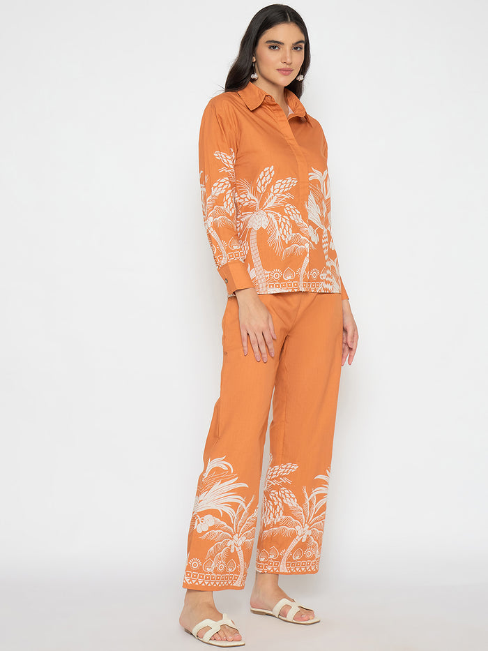 Madame Botanical Print Shirt and Bottoms Warm Amber Co-ord Set