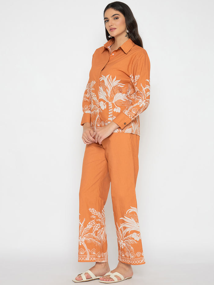 Madame Botanical Print Shirt and Bottoms Warm Amber Co-ord Set