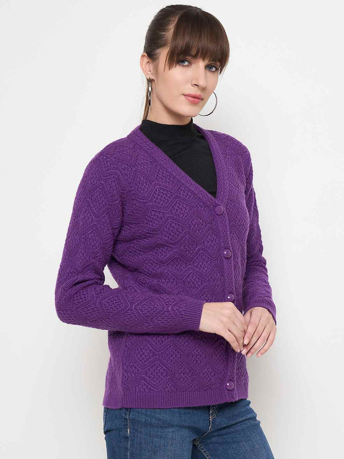 Madame Cable Knit Glossy Buttoned Purple Acrylic Cardigan