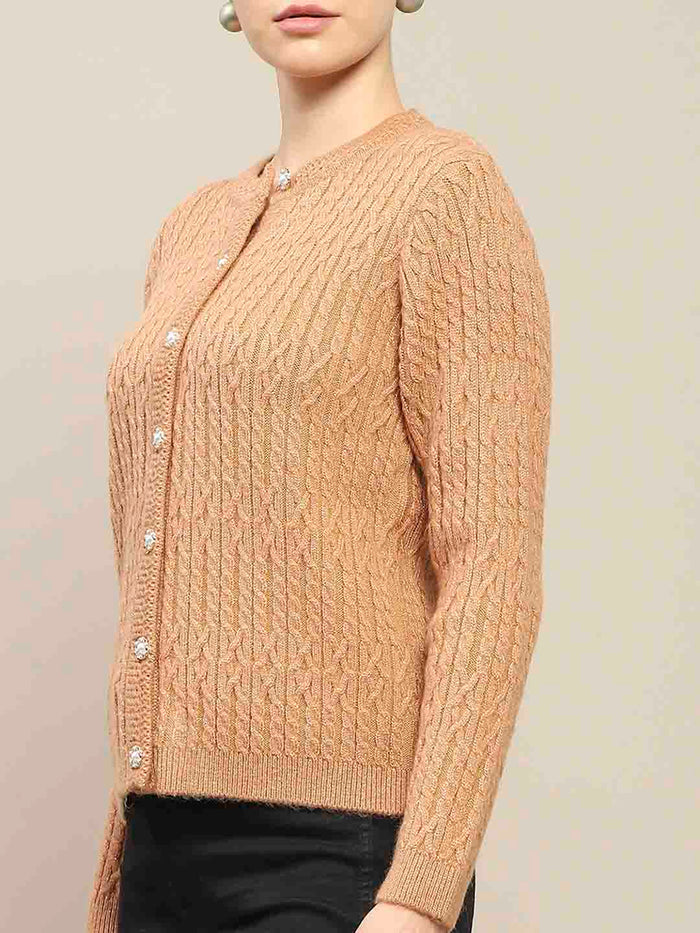 Madame Cable Knit Round Neck Rosewood Cardigan
