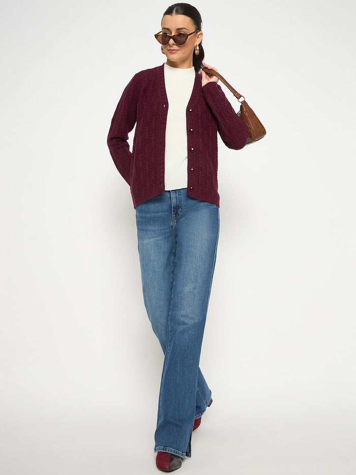 Madame Cable Knit V Neck Wine Cardigan
