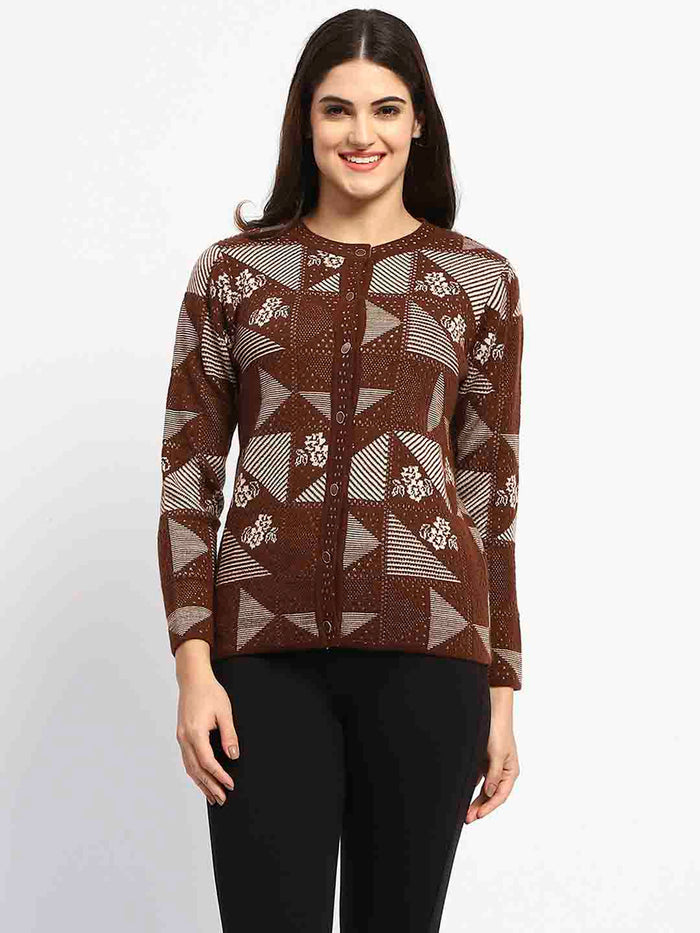 Madame Crew Neck Geometric Print Brown Cardigan