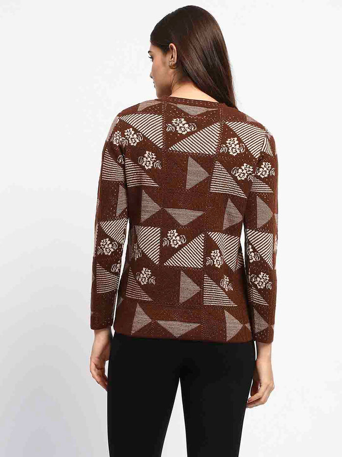 Madame Crew Neck Geometric Print Brown Cardigan