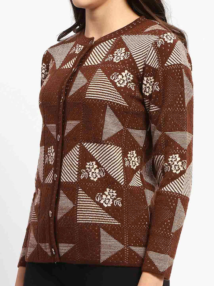 Madame Crew Neck Geometric Print Brown Cardigan