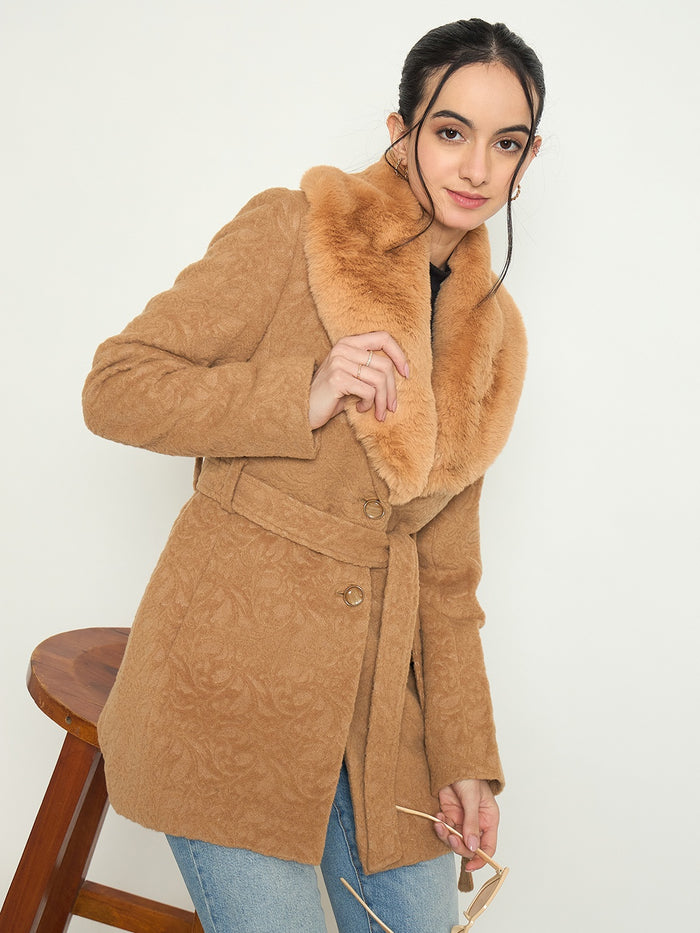 Madame Faux Fur Collar Belted Brown Long Coat