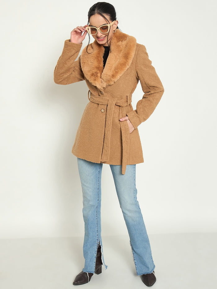 Madame Faux Fur Collar Belted Brown Long Coat