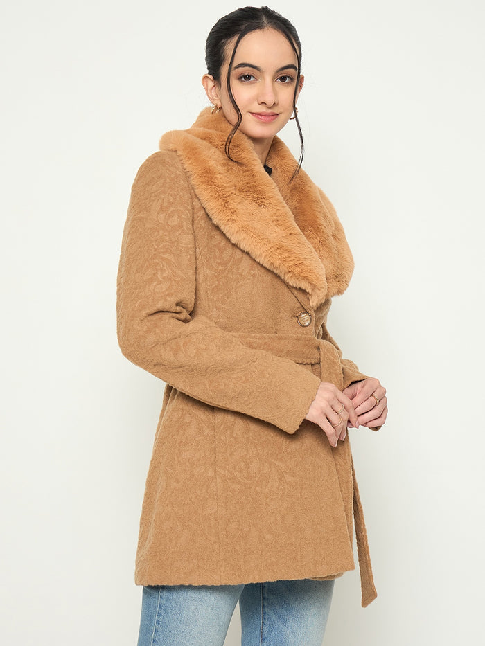 Madame Faux Fur Collar Belted Brown Long Coat