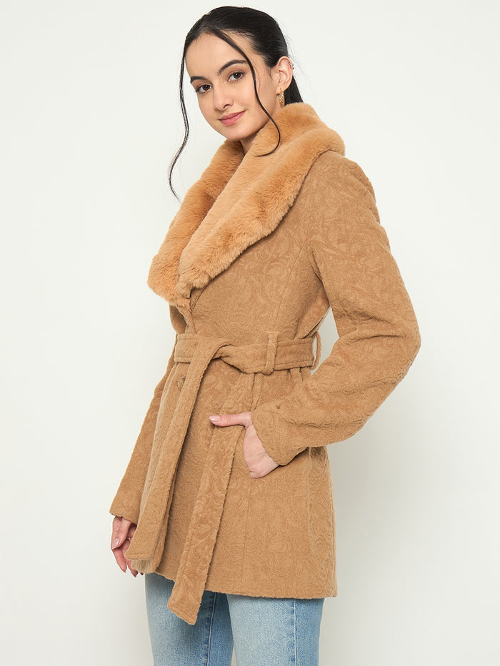 Madame Faux Fur Collar Belted Brown Long Coat