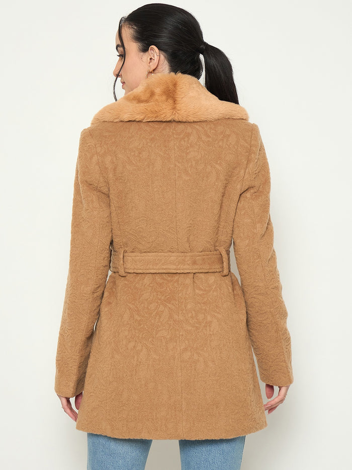 Madame Faux Fur Collar Belted Brown Long Coat