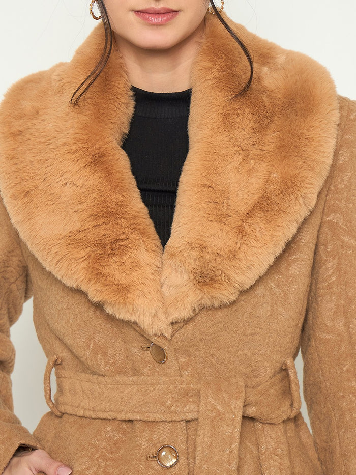 Madame Faux Fur Collar Belted Brown Long Coat