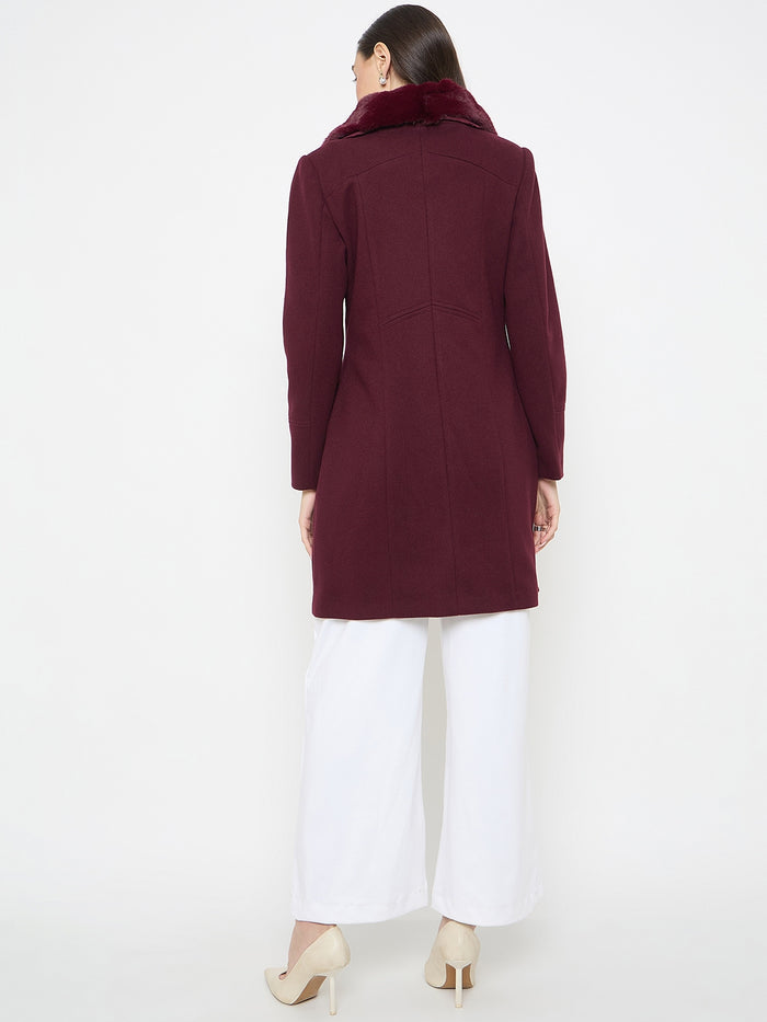 Madame Faux Fur Neckline Maroon Long Coat