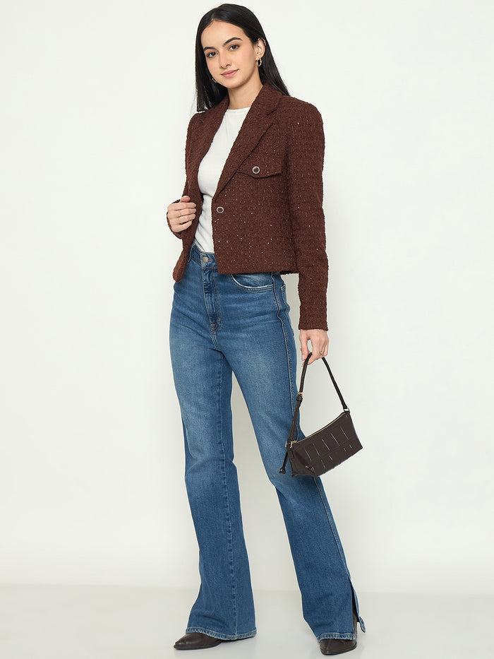 Madame Front Flap Pockets Textured Brown Blazer