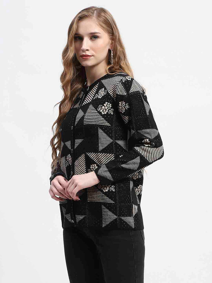 Madame Geometric Patterned Black and Grey Cardigan
