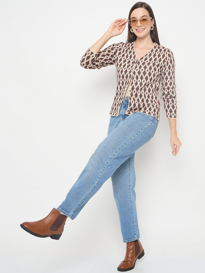 Madame Geometric Print Button Up Brown Cardigan