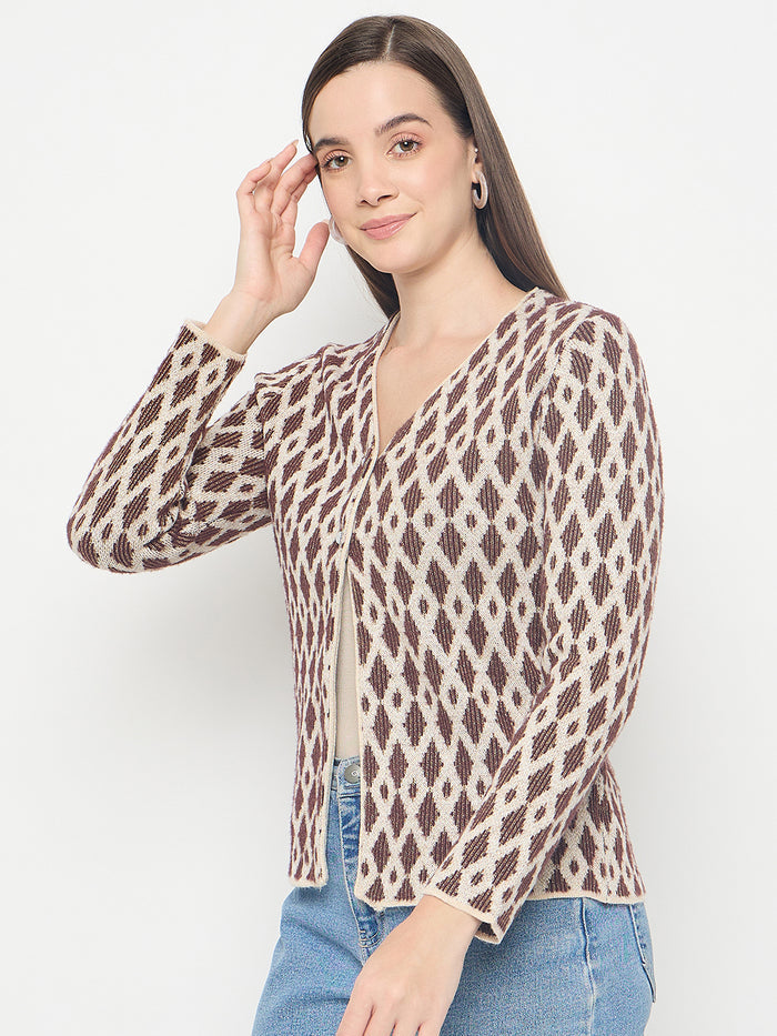 Madame Geometric Print Button Up Brown Cardigan