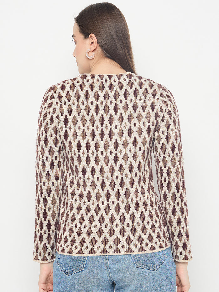 Madame Geometric Print Button Up Brown Cardigan