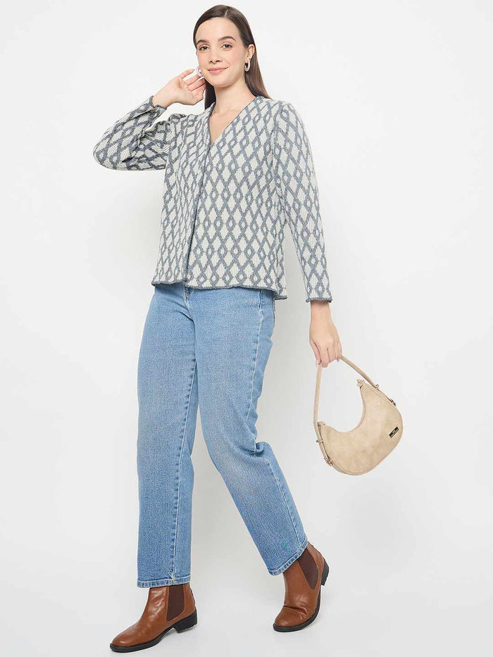 Madame Geometric Print Button Up Off White Cardigan