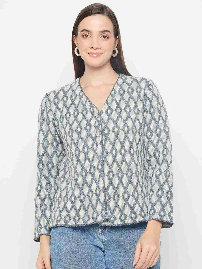 Madame Geometric Print Button Up Off White Cardigan