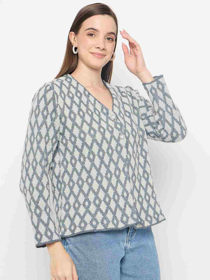 Madame Geometric Print Button Up Off White Cardigan