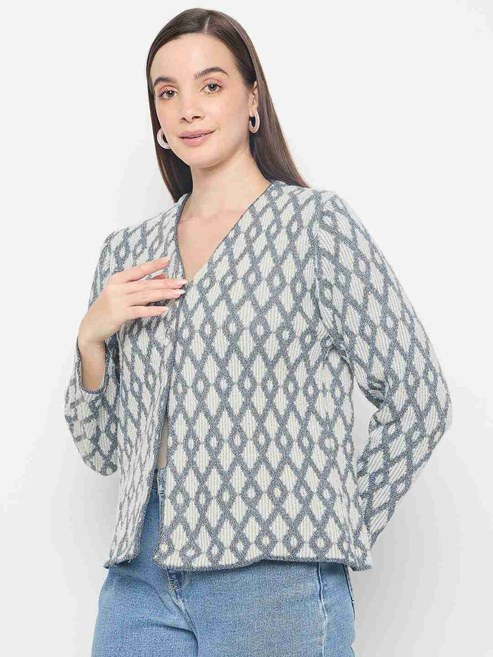 Madame Geometric Print Button Up Off White Cardigan