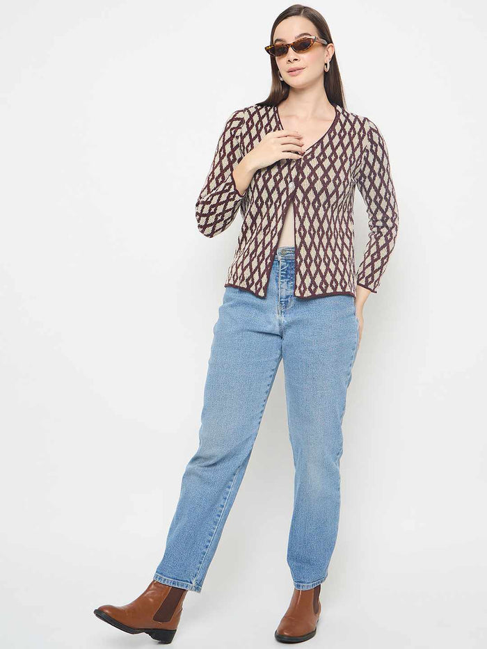 Madame Geometric Print Button Up Wine Red Cardigan