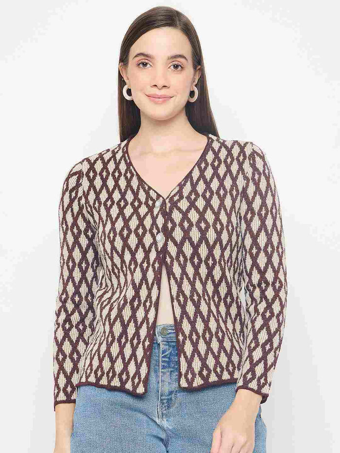 Madame Geometric Print Button Up Wine Red Cardigan