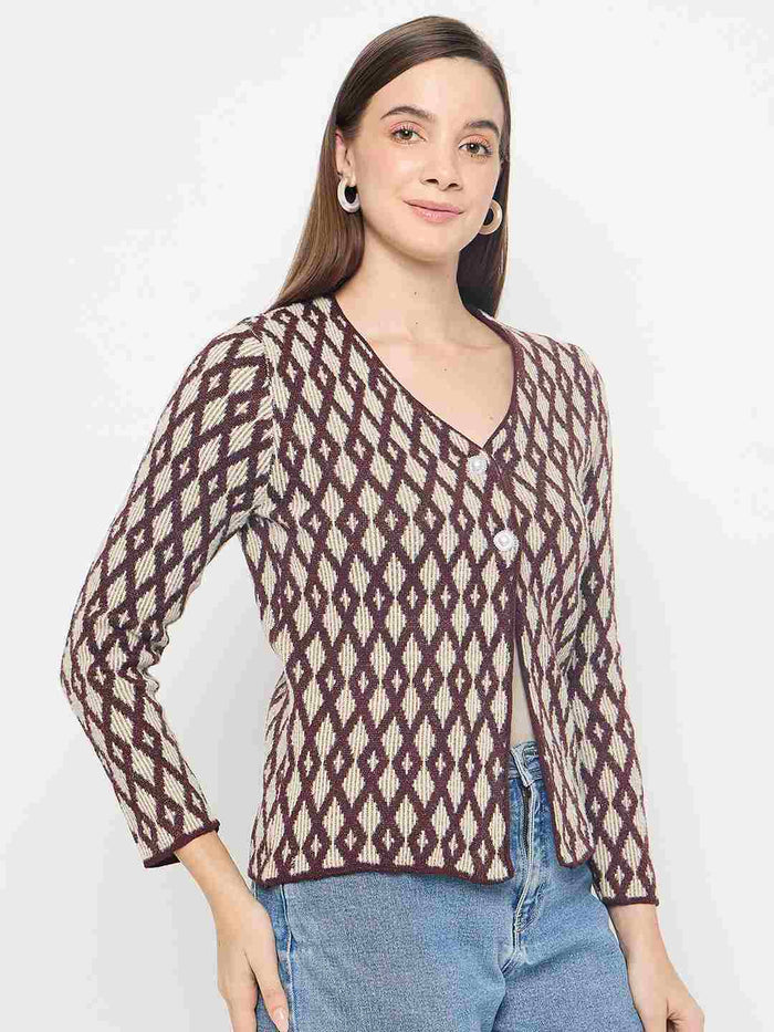 Madame Geometric Print Button Up Wine Red Cardigan