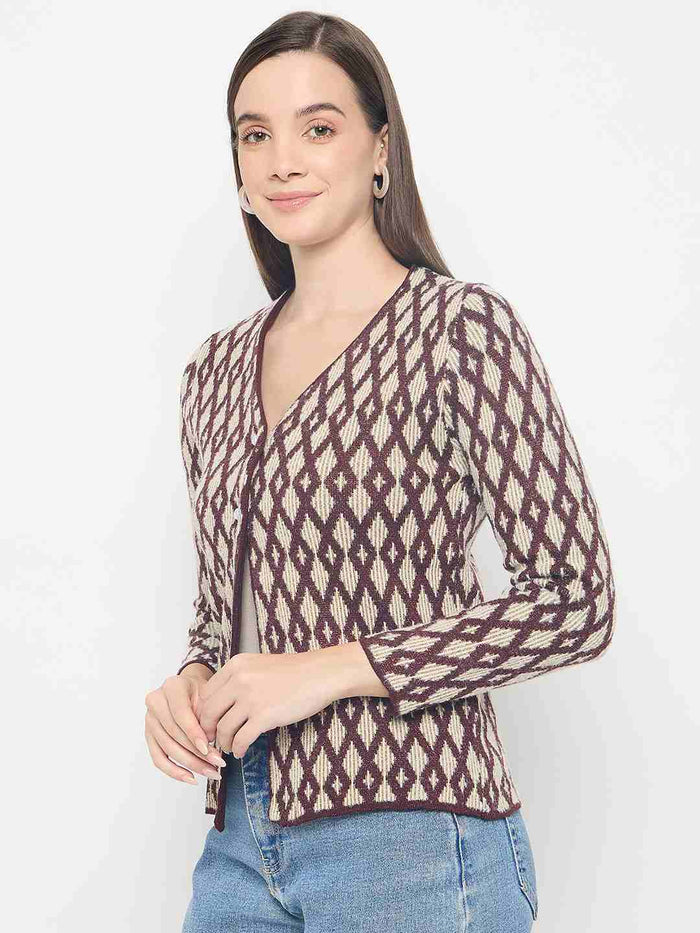 Madame Geometric Print Button Up Wine Red Cardigan