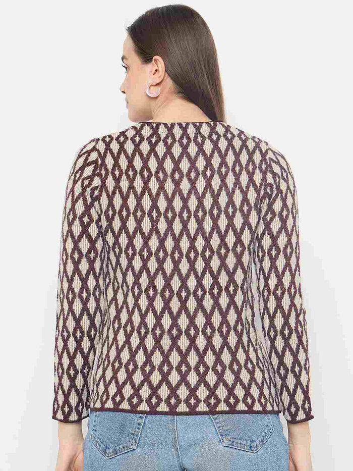 Madame Geometric Print Button Up Wine Red Cardigan