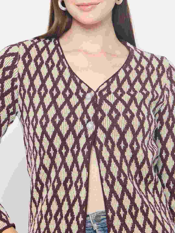 Madame Geometric Print Button Up Wine Red Cardigan