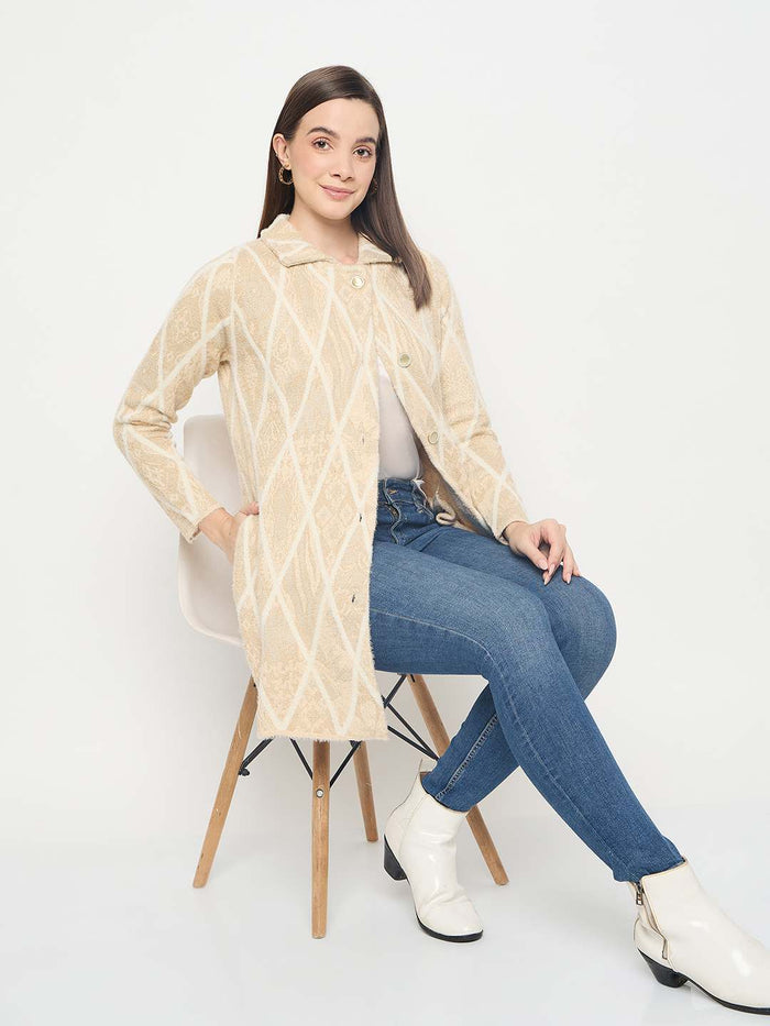 Madame Geometric Print Long Beige Cardigan