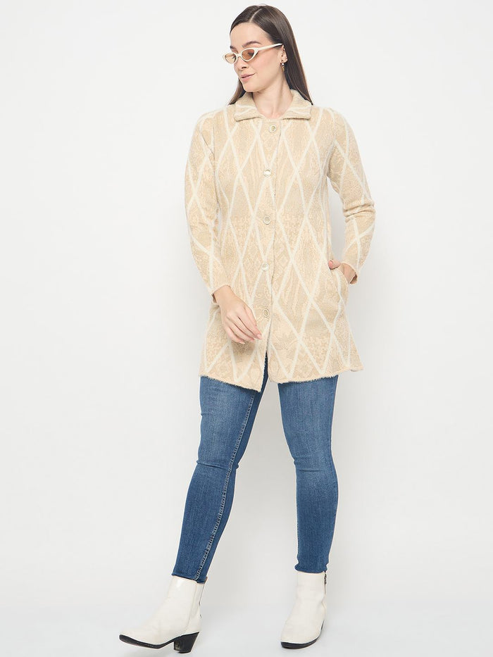 Madame Geometric Print Long Beige Cardigan
