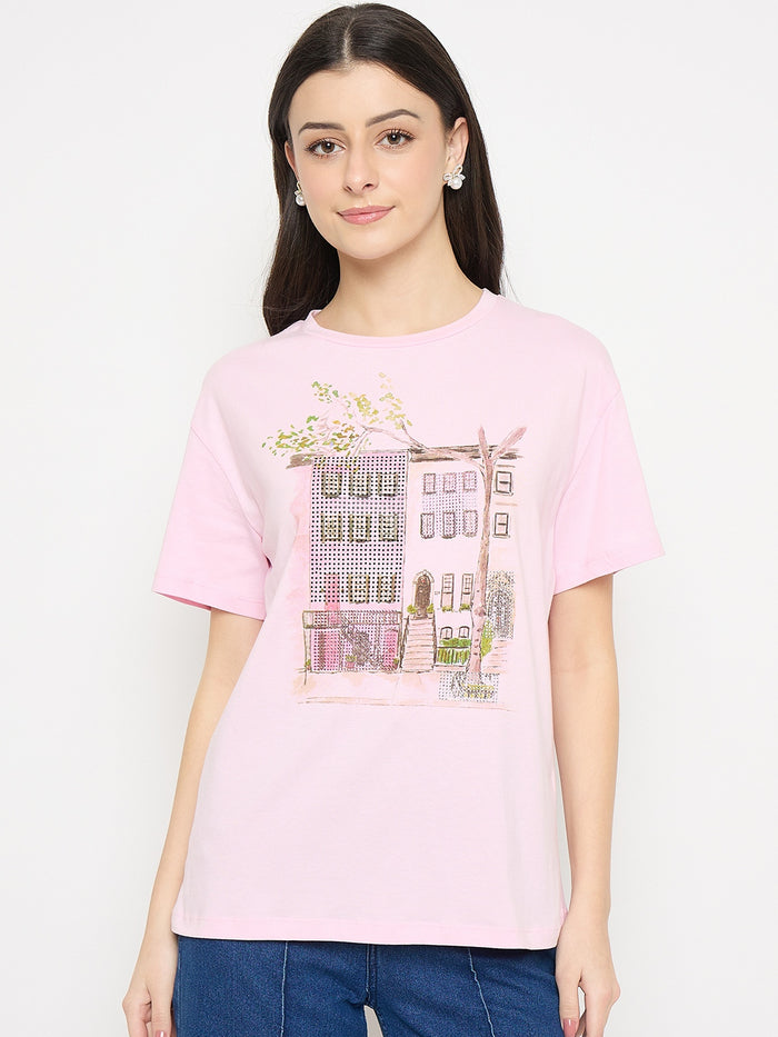 Madame Pink Cotton Printed T-Shirt