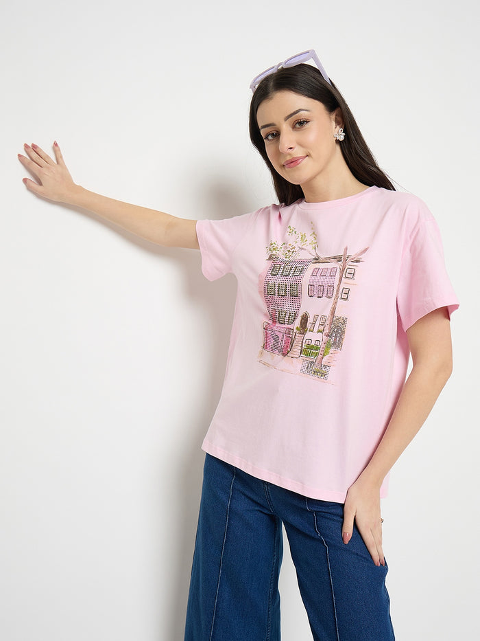 Madame Pink Cotton Printed T-Shirt