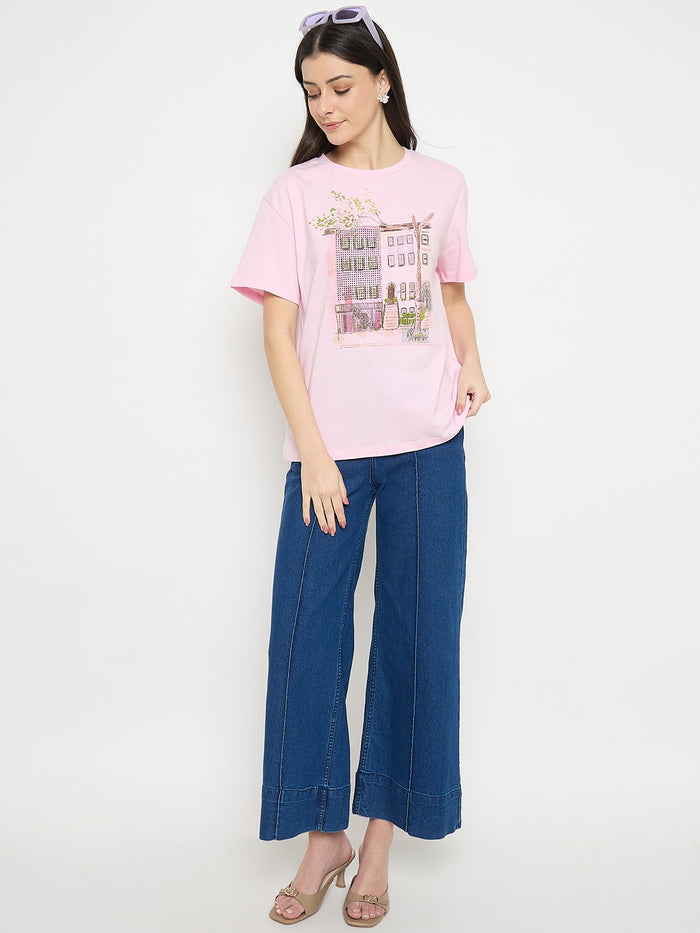 Madame Pink Cotton Printed T-Shirt
