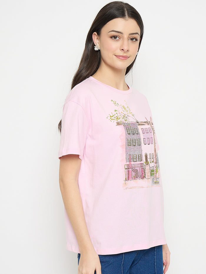 Madame Pink Cotton Printed T-Shirt