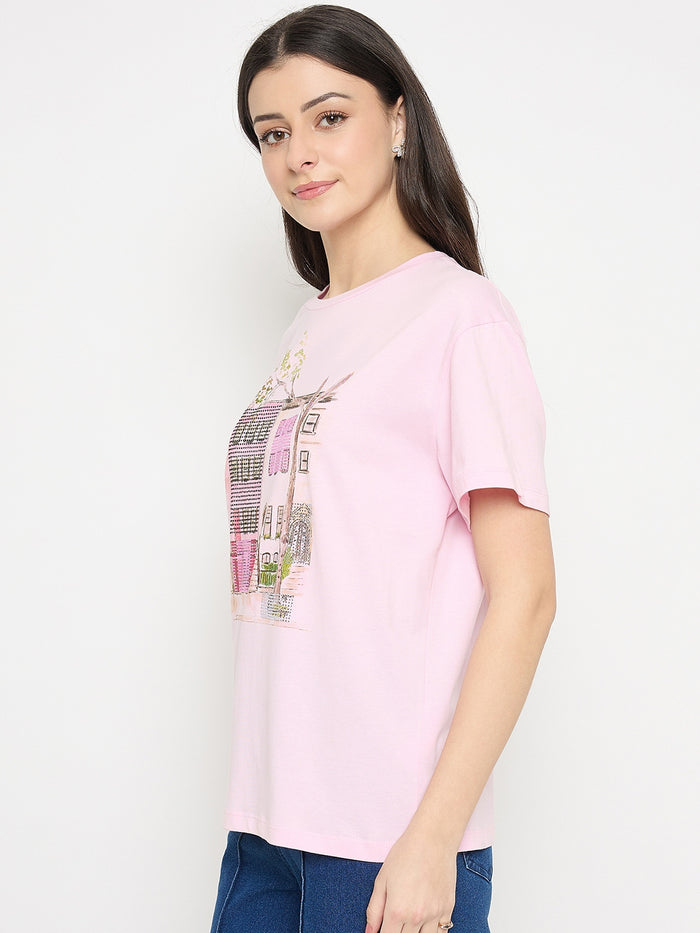 Madame Pink Cotton Printed T-Shirt