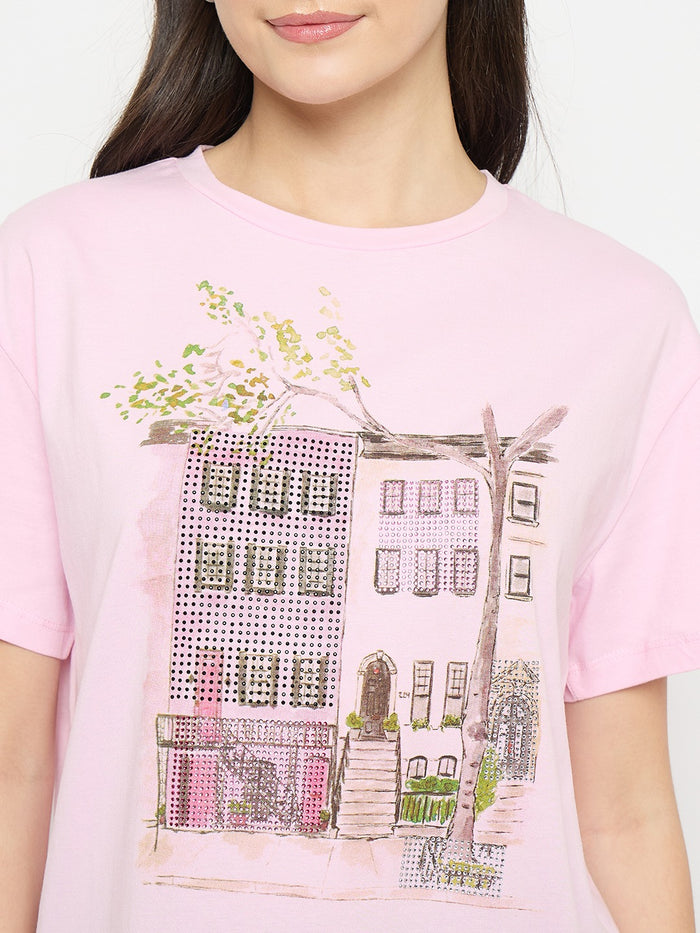 Madame Pink Cotton Printed T-Shirt