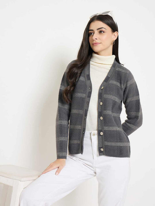 Madame Plaid Nylon Blend Grey Cardigan worn with a turtleneck and white pants, showcasing its stylish plaid design.