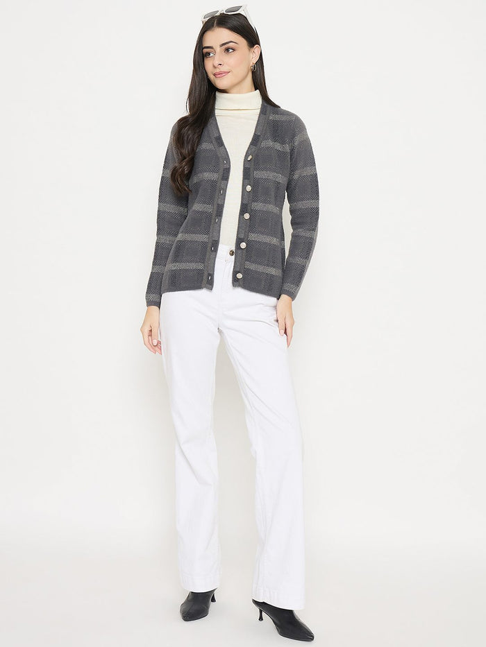 Madame Plaid Nylon Blend Grey Cardigan worn with white pants and turtleneck, showcasing a classic and cozy style.