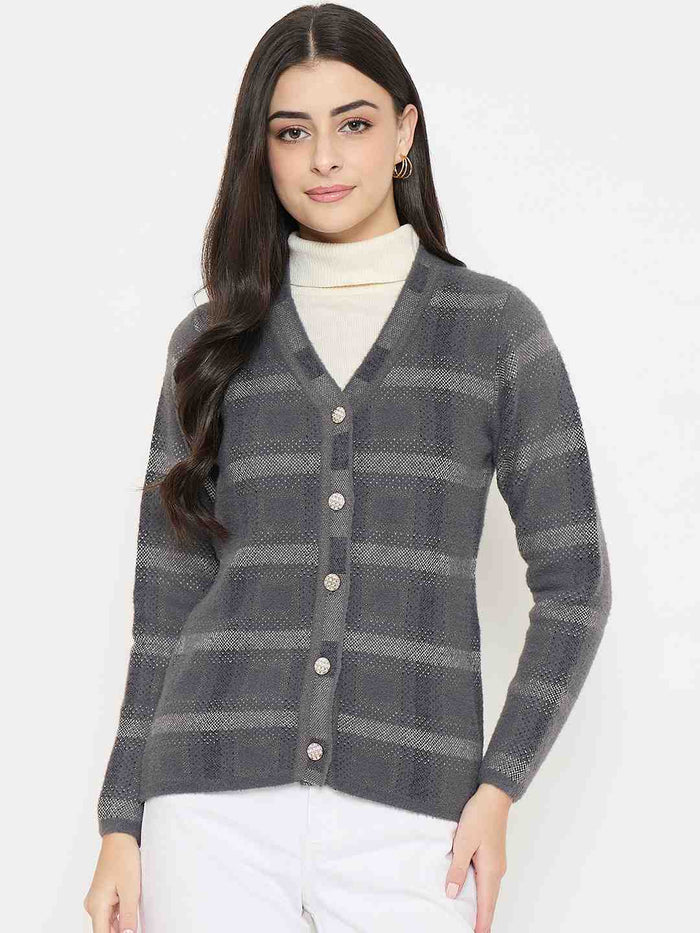 Madame Plaid Nylon Blend Grey Cardigan worn by a model, showcasing the stylish plaid pattern and cozy design.