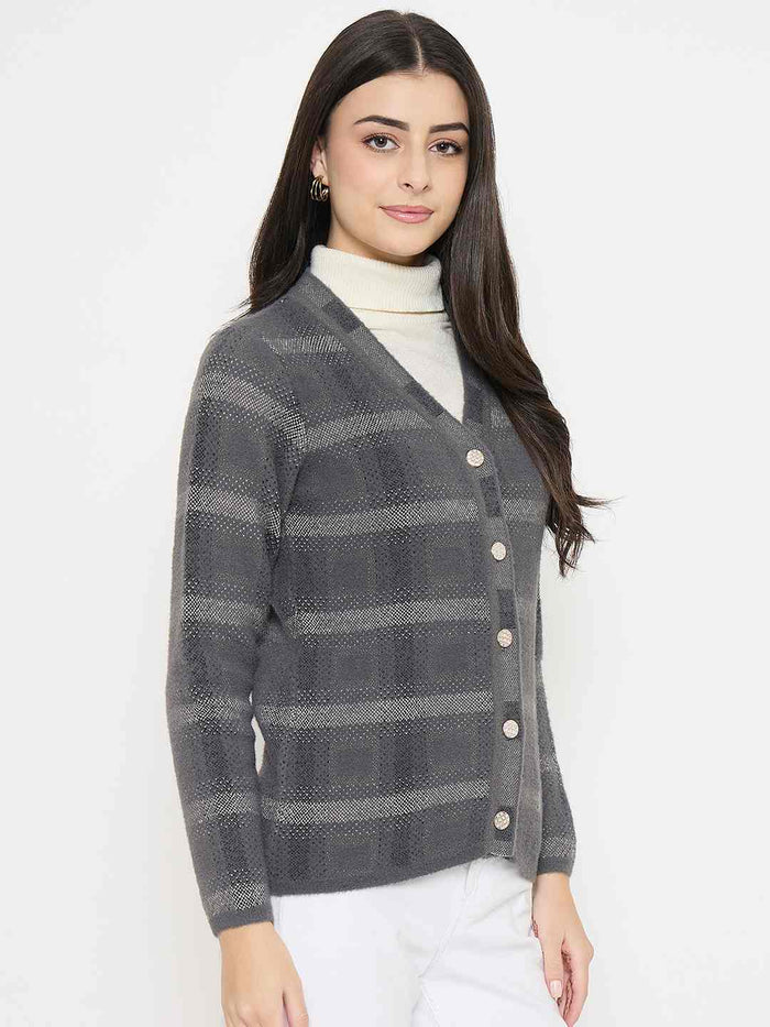 Madame Plaid Nylon Blend Grey Cardigan worn by model, featuring cozy nylon fabric in a classic check design.