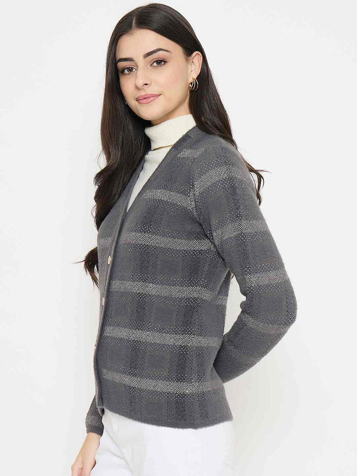 Model wearing the Madame Plaid Nylon Blend Grey Cardigan, featuring a cozy plaid design and modern fit.