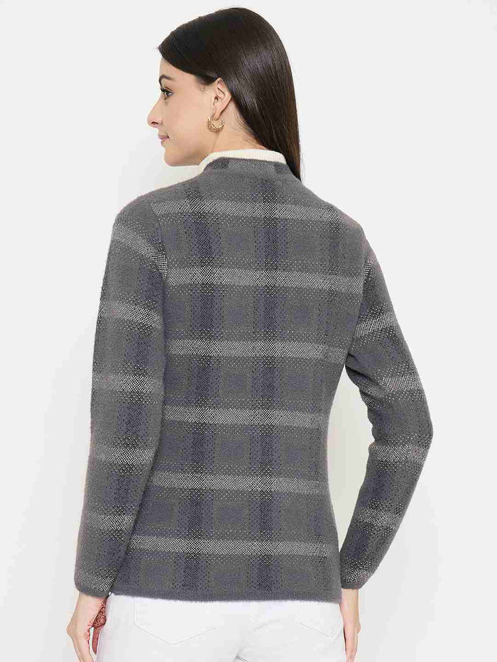 Madame Plaid Nylon Blend Grey Cardigan worn from the back, showcasing the stylish plaid design and comfortable fit.