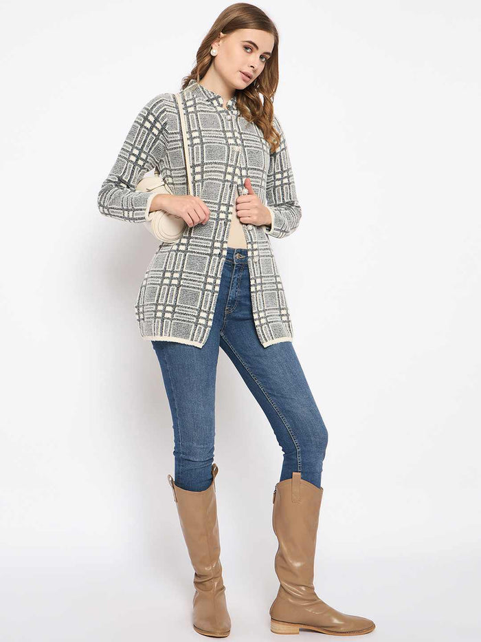 Madame Plaid Pattern Buttoned Black Cardigan