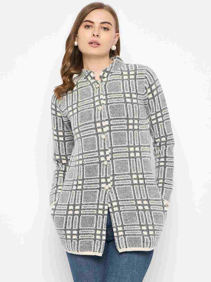 Madame Plaid Pattern Buttoned Black Cardigan
