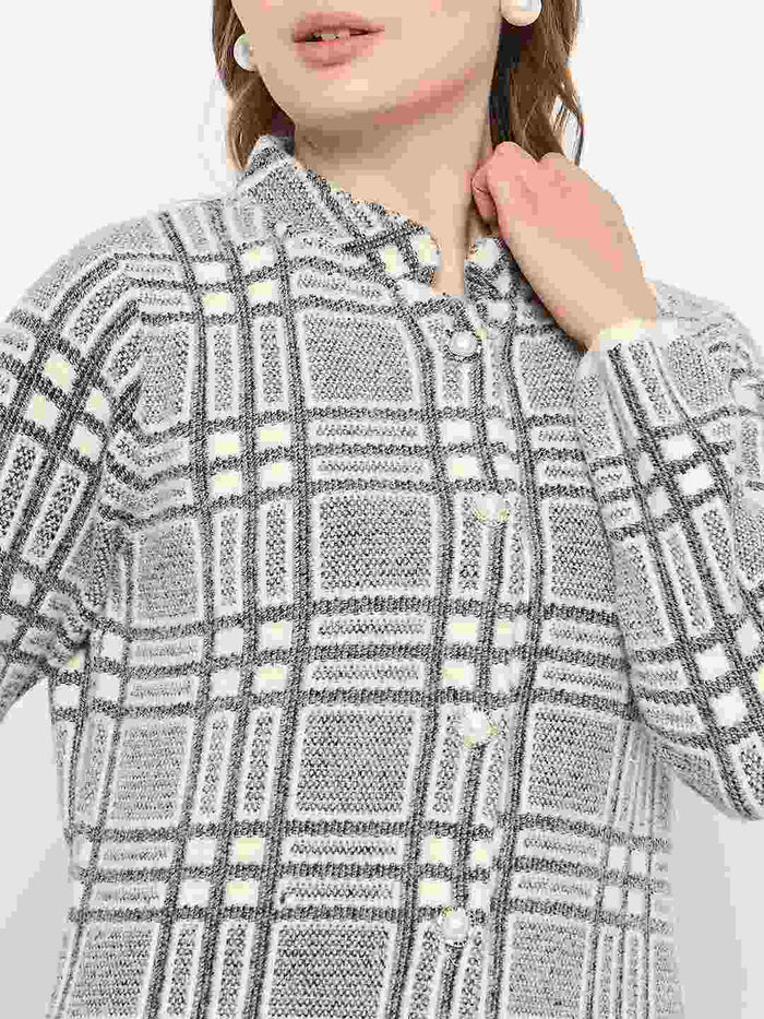 Madame Plaid Pattern Buttoned Black Cardigan